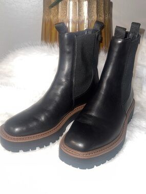Vince Camuto Black Leather Chelsea Lug Boots with Brown Welt